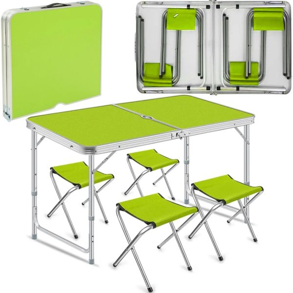 Aluminum Folding Picnic Table with Set with 4 Chairs Premier PR-FX8812 Green Camping Folding Table Suitcase Folding Table