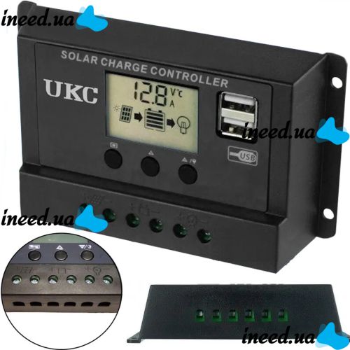 Солнечный контроллер заряда АКБ UKC DP-520A 20A, 12-24В с LCD дисплеем, Контроллер экран, 2хUSB для контроля заряда батарей в солнечных панелях Черный