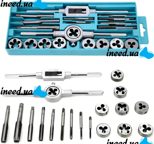 Набор метчики и плашки Tap and Die Set M3-M12 20 штук комплект стальных метчиков и плашек для нарезания метрической резьбы в кейсе мечек и лерка