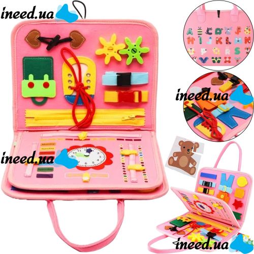 Developmental sensorimotor board Lesko 5462 Pink bisiboard for learning and development of babies, Montessori handbag developing motor skills and sensorics of children