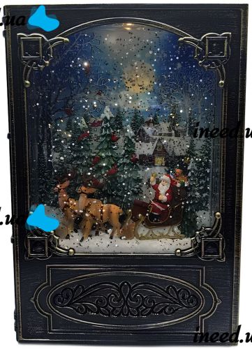 Ночник в форме рождественской книги XMAS WDL 24023B новогодний музыкальный светильник книжка с эффектом метели и LED подсветкой на батарейках USB
