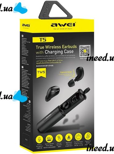 Беспроводные Bluetooth наушники с кейсом Awei T5 Black вакуумные наушники-гарнитура с шумоподавлением и микрофоном блютуз в чехле док-станция Черные