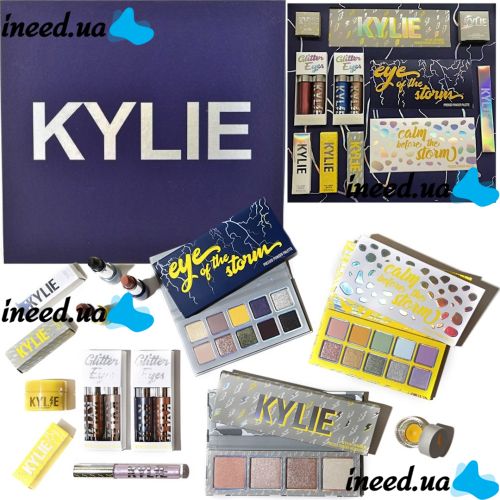 Large Gift set of cosmetics Kylie Weather Collection Blue 13 in 1 Decorative cosmetics for face makeup lipstick, glitter, shadow, eyeliner Blue