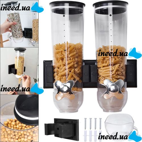 Настенный двойной диспенсер для хранения круп Double Dispenser 2 дозирующих цилиндра, емкость для сыпучих продуктов с дозатором и порционной чашей 