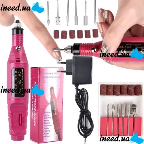 Bucos Nail Drill ZS-100 Handheld Polisher (20,000 rpm) for Professional Manicures and Pedicures—6-in-1 Polishing Handpiece, + Bit Set—Pink