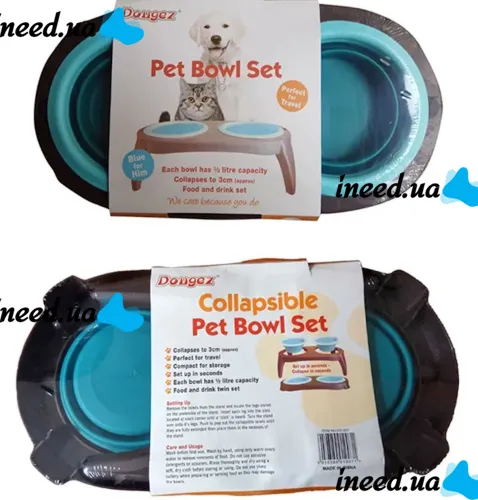 Нековзна подвійна миска Dougez Pet Bowl Set 2 в 1 для їжі і води на складаний підставці для собак і кішок 600мл, годівниця для домашніх тварин