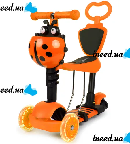 Трехколесный детский самокат беговел Scooter FYS-2864 Orange 5 в 1 со складным сиденьем, родительской ручкой и светящимися колесами Оранжевый