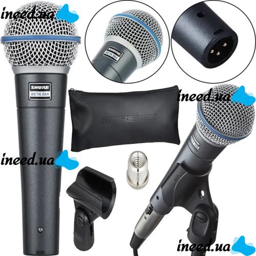 Динамический проводной микрофон Shure Beta 58A ручной для пения, Вокальный шнуровой микрофон Шур для записи голоса и караоке с чехлом Черный