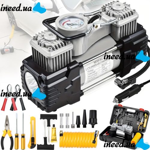 Автомобильный двухцилиндровый компрессор Air Pump 8806 с набором инструмента для подкачки шин 150 PSI воздушный насос от клемм и прикуривателя Bohao