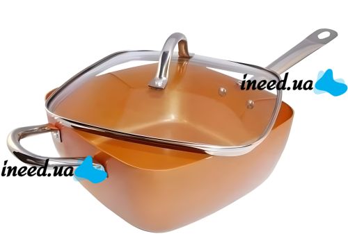 Универсальная сковорода Copper Cook Deep Square Pan Ampowar 24 см с фритюром и пароваркой с крышкой, Антипригарная сковородка фритюрница с дуршлагом