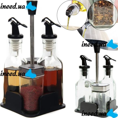 Набор кухонных емкостей Seasoning Bottle T221-3 для специй, масла и уксуса 4 емкости на подставке, Спецовница органайзер для хранения приправ Черный