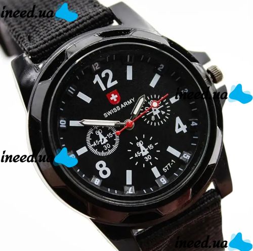 Мужские наручные армейские часы Swiss Army кварцевые часы Quartz на руку с ремешком из нейлона 29 см Черные