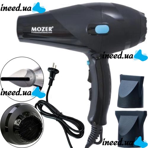 Профессиональный фен Mozer MZ-3100 6000W для сушки и укладки волос с 2 насадками, Электрический фен с холодным обдувом 2 скорости 3 режима Черный