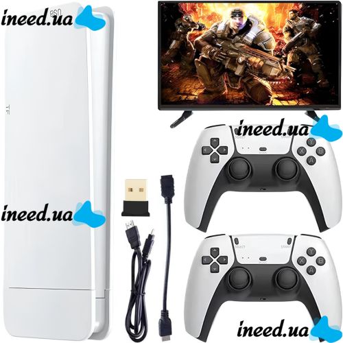 Игровая мини консоль в стиле PS5 HDMI Game Stick M15 PS1 с 20000 встроенных игр с 2 беспроводными джойстиками, Детская приставка 64GB 4К с контроллерами Белая