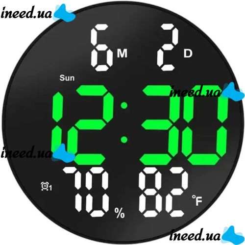 Электронные настенные часы LED Wall Clock DS-3813L 26см с будильником и календарем, Цифровые круглые часы зеленые с белым на стену от USB Черные