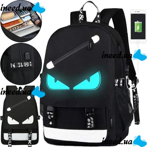 Urban Backpack Glow-in-the-Dark New Eyes Eyes with USB Charging, School Bag with LED Backlight, Travel Satchel to School for Children Black
