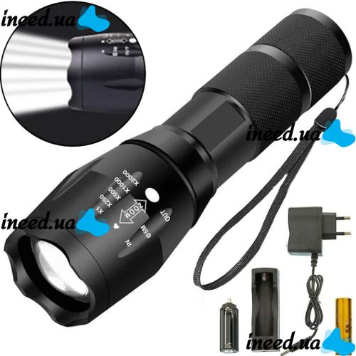 Bailong BL-1831-T6 Handheld Rechargeable Mini Flashlight up to 1000 meters, Battery Powered Pocket LED Tactical Flashlight with Zoom Function Black
