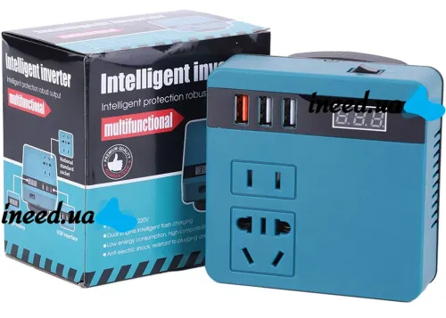 Повышающий аккумуляторный преобразователь Makita 18V-21V в 220V, Инвертор напряжения 18-21В в 220В 3USB 2 розетки от аккумуляторной батареи Синий