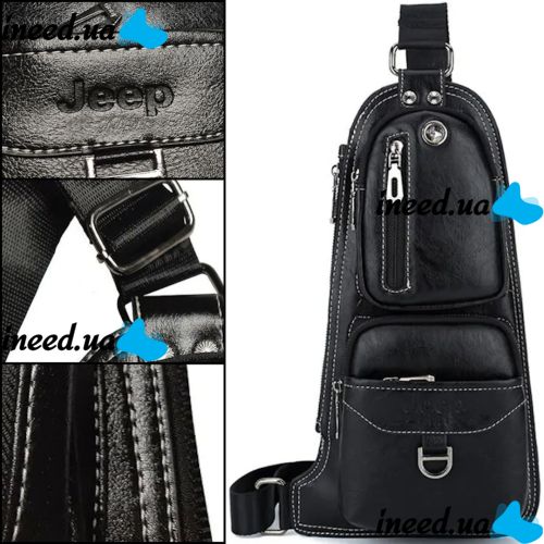 Мужская сумка рюкзак через плечо Jeep Bags 777 38х18 см нагрудная сумка бананка на грудь с отверстием для наушников из искусственной кожи Черная