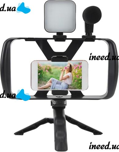Штатив клетка для телефона Live Broadcast TL-49T 4в1 с Led подсветкой и микрофоном, Монопод держатель смартфона с пультом ДУ для селфи и видео