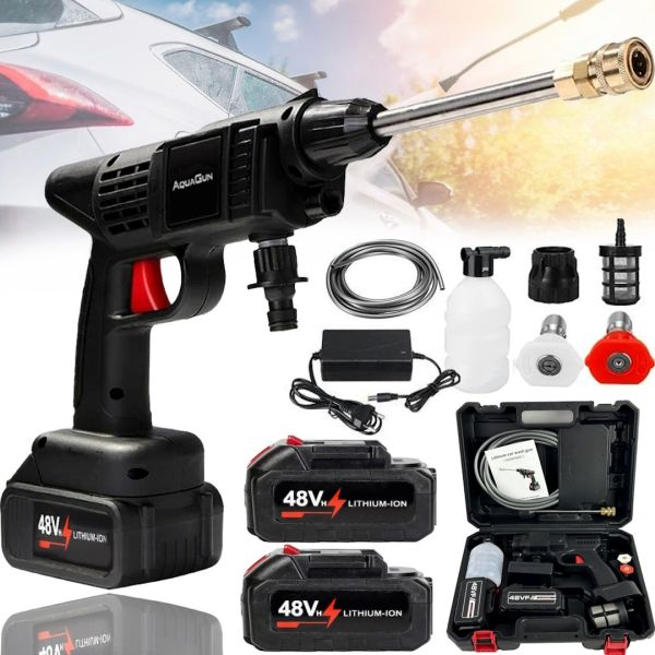 AquaGun 48V Wireless High Pressure Washer 2 Batteries, Rechargeable Mini Car Wash with Case, Sprayer for Car Cleaning Gun