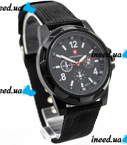 Мужские наручные армейские часы Swiss Army кварцевые часы Quartz на руку с ремешком из нейлона 29 см Черные