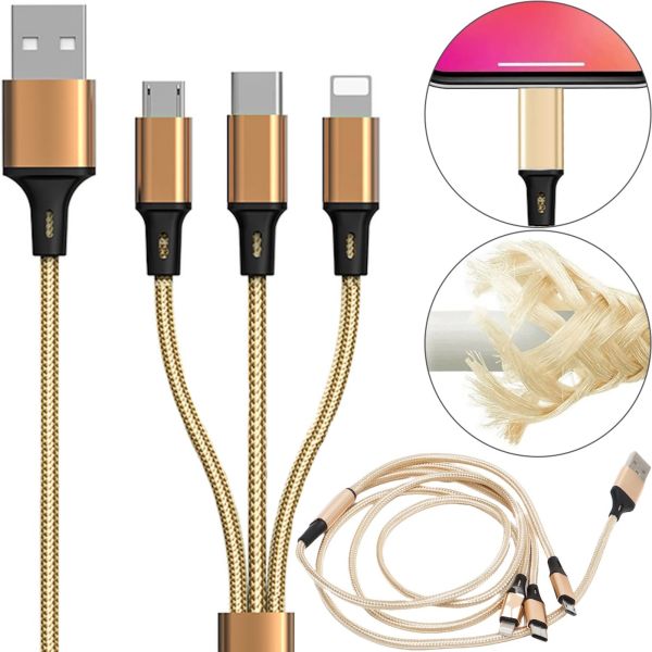 Тройной зарядный USB кабель Proda Azeada Cavalry PD-B92th 3в1 Micro-USB, Type-C, Lightning для зарядки телефона 1.5м, Зарядка шнур 2.4 А Золотой