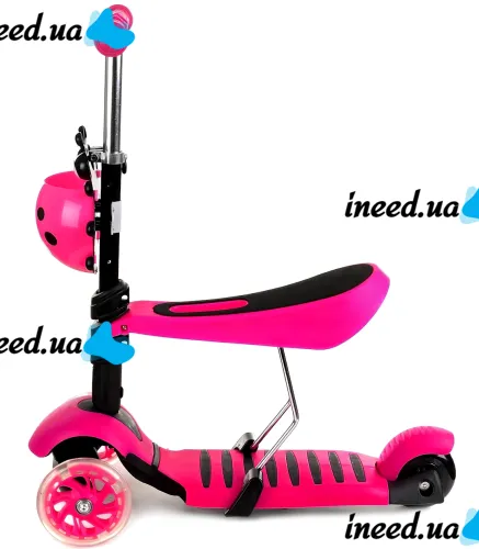 Трехколесный детский самокат беговел Scooter FYS-2864 Pink 5 в 1 со складным сиденьем, родительской ручкой и светящимися колесами для детей Розовый