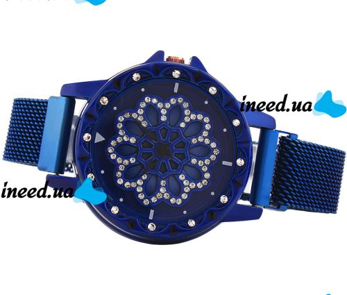 Женские наручные часы Flower Diamond Rotation Watch Blue WJ-8052 с вращающимся круглым роторным циферблатом и ремешком на магнитной застежке Синие
