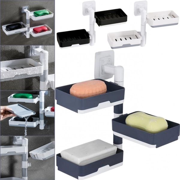 Wall-mounted Rotating Soap Dish Rotary Drawer Type Soap Box Shelf-Soap Dish for 3 Tiers, Soap Shelf, Organizer Holder for Bathroom Soar