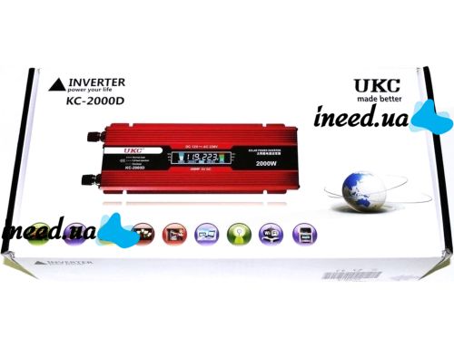 Автомобильный инвертор UKC 12V-220V 2000W KC-2000D авто преобразователь напряжения тока с LCD дисплеем от прикуривателя, аккумулятора с экраном