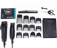 A set of two VGR V-023 2-in-1 rechargeable hair and beard clippers, a wired trimmer with a set of removable attachments in the V023 bag