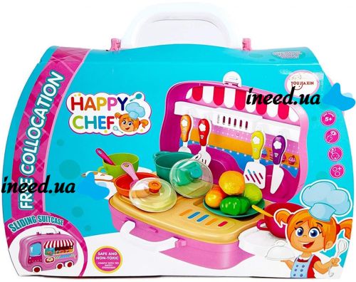 Детский игровой набор Happy Chef 678-101А игрушечная кухня в чемодане на 21 предмет, чемоданчик на колесах для игры в повара от 5 лет Розовый
