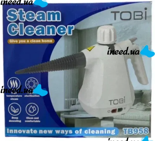 Вертикальный ручной паровой отпариватель Steam Cleaner TB958 с 6 насадками для уборки, Пароочиститель парогенератор Тоби DF-958 350мл от сети