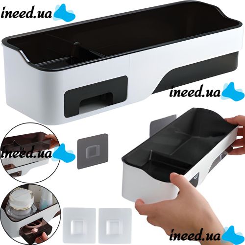 Прямоугольная настенная полка Wall-mounted shelf для ванной комнаты, Навесной многофункциональный органайзер для хранения в ванную Белый с черным