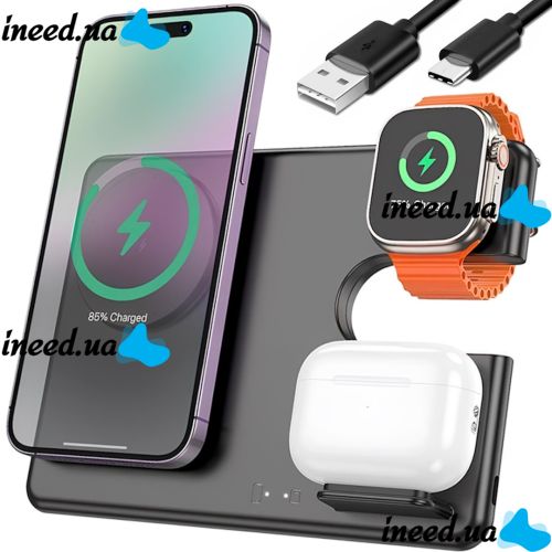 Беспроводное зарядное устройство Hoco Qi Geek Folding Black 3 в 1 магнитная зарядка магсейф для телефона и наушников IOS Android Type-C CQ1 Черная