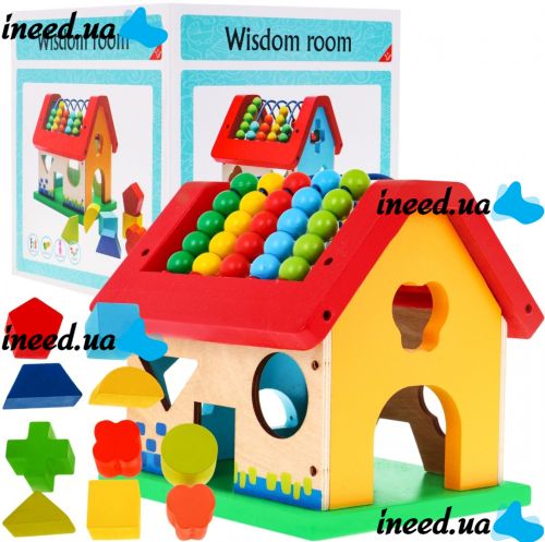 Домик для детей Wisdom Room 8019 деревянный игровой сортер бизикуб со счетами и геометрическими фигурками для развития мелкой моторики от 2-х лет