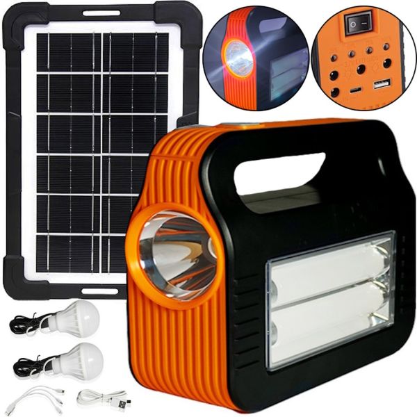 Autonomous Solar Charging Station LED Flashlight COBA CB-999A with 2 Power Bank Bulbs, Spotlight and 2 Bulbs with Power Bank Function Orange
