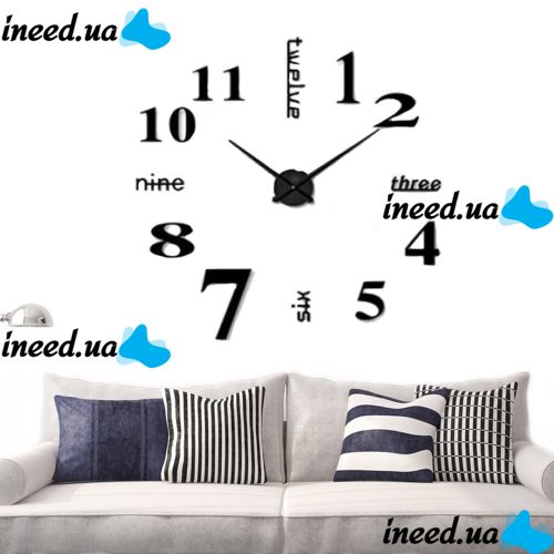 Большие 3D бесшумные настенные часы Diy Clock ZH01510 BLACK 90 см, Бескаракасные самоклеющиеся 3Д часы Цифры на стену для дома, офиса Черные