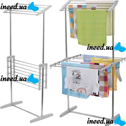Двухуровневая раскладная сушилка для белья Mobile Folding Racks напольная вертикальная складная вешалка, стойка сушка для одежды до 40 кг Серая