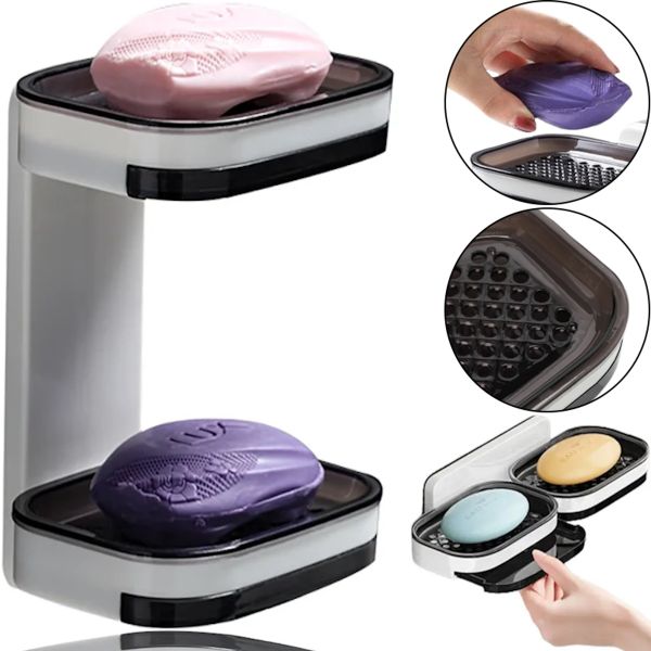Wall-mounted Double Soap Dish Organizer Soap dish AND872 Velcro, Double-layer Holder Sponge Dryer 17x13x10cm in the bathroom on the Wall