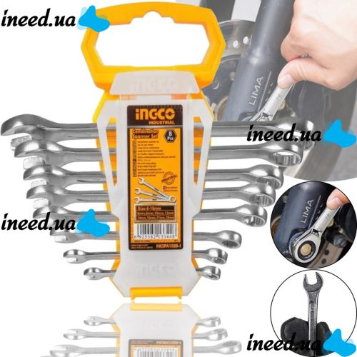 Комплект гаечных комбинированных ключей с трещоткой INGCO HKSPA1088-I 8mm-19mm 8 шт, Набор двухсторонних инструментов рожково-накладных 8 предметов