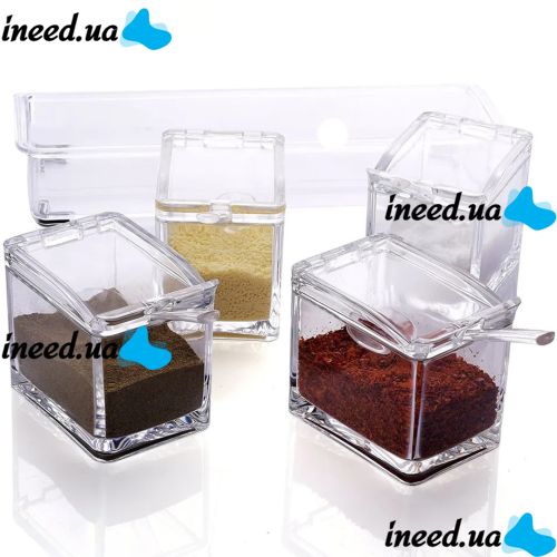 Набор емкостей для хранения специй и приправ Crystal Seasoning Box на 4 отсека, акриловый органайзер, баночки для сыпучих продуктов с подставкой