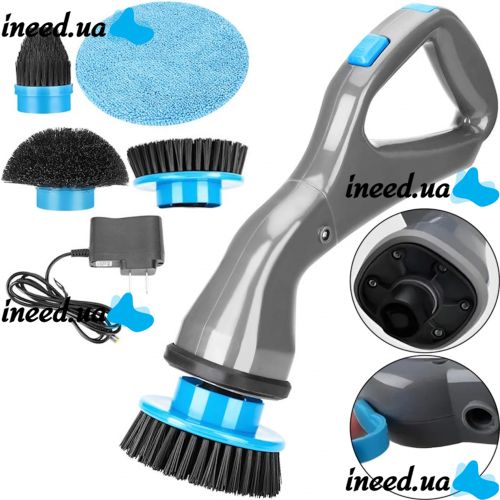 Беспроводная щетка для уборки Hurricane Muscle Scrubber 4 насадкия, Аккумуляторная чистящая щётка от USB с насадками для чистки поверхностей Серая