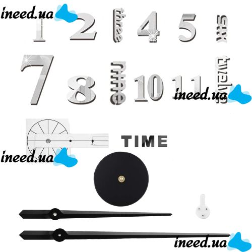 Большие 3D бесшумные настенные часы Diy Clock ZH01510 Grey 90 см, Бескаракасные самоклеющиеся 3Д часы Цифры на стену для дома, офиса Серые
