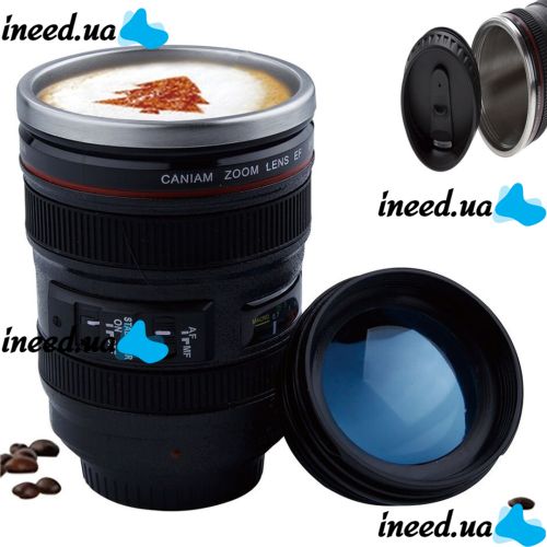 Кружка термос в виде объектива от фотоаппарата Canon EF 24-105, Термокружка объектив 350 мл, Термо чашка с крышкой, Черная