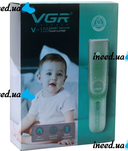 Машинка для стрижки детей VGR Baby V-155 5W беспроводной вакуумный детский триммер для младенцев с вытяжкой волос и насадками на аккумуляторе Зеленый