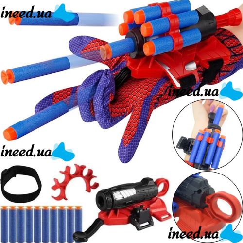 Дитяча іграшка рукавичка бластер Людина павук Spider man gloves з 10 м'якими кулями, Іграшкова зброя пістолет Спайдер мен на руку з барабаном