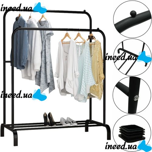 Двойная стойка вешалка Double Floor Hanger 162х130 см для одежды и полкой для обуви, напольная стойка-вешалка со штангой на ножках до 30 кг Черная