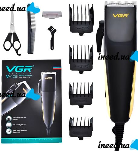 Проводная машинка для стрижки волос VGR V-128 7W профессиональный триммер для окантовки бороды и усов от сети со сменными насадками и ножницами 